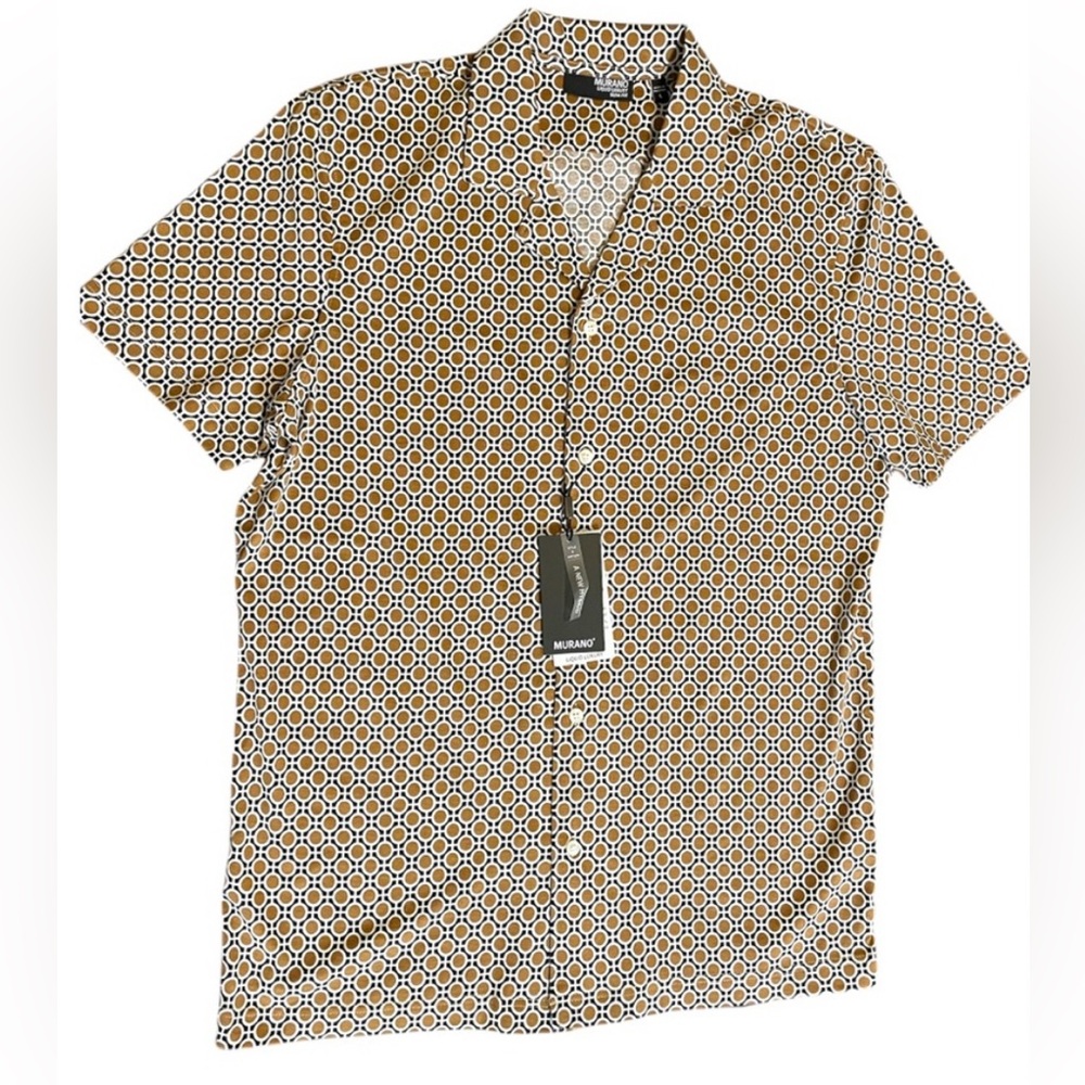 Murano Liquid Luxury Slim Fit Notch Collar Button-Up Shirt Brown/White Size M - Picture 2 of 12